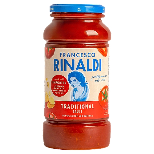 Francesco Rinaldi Original Recipe Pasta Sauce, 24 oz
Each 1/2 cup serving of sauce has:
2 servings of veggies*
Heart healthy**
Gluten free
Low fat
0g saturated fat
*Each 1/2 cup serving of sauce provides 1 cup equivalent of vegetables. The 2010 Dietary Guidelines for Americans recommend 2 1/2 cups of a variety of vegetables per day for a 2,000 calorie diet.
**While many factors affect heart disease, diets low in saturated fat and cholesterol may reduce the risk of this disease.