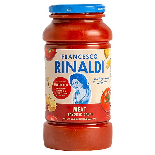 Francesco Rinaldi Meat Flavored Pasta Sauce, 23.5 oz
Each 1/2 cup serving of sauce has:
2 servings of veggies*
Gluten free
Low fat
*Each 1/2 cup serving of sauce provides 1 cup equivalent of vegetables. The 2010 Dietary Guidelines for Americans recommend 2 1/2 cups of a variety of vegetables per day for a 2,000 calorie diet.