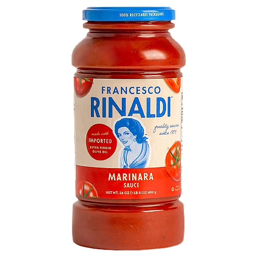 Francesco Rinaldi Marinara Pasta Sauce, 24 oz
Each 1/2 cup serving of sauce has:
2 servings of veggies*
Heart healthy**
Gluten free
Lactose free
Low fat
0g saturated fat
*Each 1/2 cup serving of sauce provides 1 cup equivalent of vegetables. The 2010 Dietary Guidelines for Americans recommend 2 1/2 cups of a variety of vegetables per day for a 2,000 calorie diet.
**While many factors affect heart disease, diets low in saturated fat and cholesterol may reduce the risk of this disease.