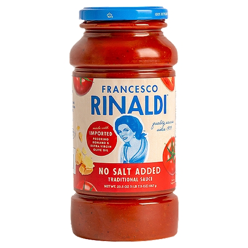 Francesco Rinaldi Original Recipe No Salt Added Pasta Sauce, 23.5 oz
Homemade Pasta Sauce Recipe

Our no salt added recipe is a heart healthy* product created specifically to offer amazing flavor without added salt. People trying to manage their sodium intake will love the authentic flavor. Serve on your favorite pasta or with veggies as a side dish.
*While many factors affect heart disease, diets low in saturated fat and cholesterol may reduce the risk of this disease.