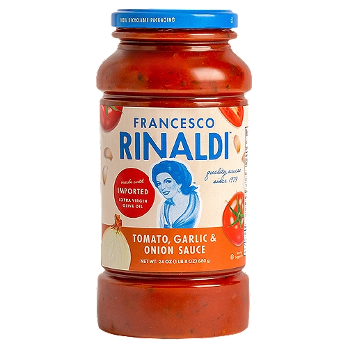 Francesco Rinaldi Tomato Garlic & Onion Pasta Sauce, 24 oz
Each 1/2 cup serving of sauce has:
2 servings of veggies*
Heart healthy**
Gluten free
Lactose free
Low fat
0g saturated fat
*Each 1/2 cup serving of sauce provides 1 cup equivalent of vegetables. The 2010 Dietary Guidelines for Americans recommend 2 1/2 cups of a variety of vegetables per day for a 2,000 calorie diet.
**While many factors affect heart disease, diets low in saturated fat and cholesterol may reduce the risk of this disease.