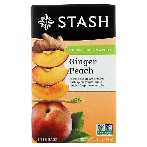 STASH Green Tea & Matcha Ginger Peach Tea Bags, 18 count, 1.2 oz
Peachy Green Tea Blended with Spicy Ginger and a Touch of Japanese Matcha

Not too sweet, not too spicy—this tea is just right! Enticingly lush peach flavor is perfectly contrasted with a sharp, tingly bite of ginger and a subtle kick of Japanese matcha. You'll savor every sip of this craveable green tea.