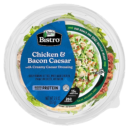 Ready Pac Foods Bistro Chicken & Bacon Caesar with Creamy Caesar Dressing Salad, 5.9 oz
Crisp Romaine Lettuce, White Meat Chicken, Parmesan Cheese, and Bacon