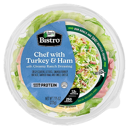 Ready Pac Foods Bistro Classic Chef Salad, 7.75 oz
Bed of Crisp Iceberg Lettuce, Smoked Turkey Breast, Smoked Ham, Swiss Cheese and a Creamy Ranch Dressing