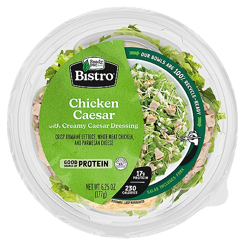 Ready Pac Foods Bistro Classic Chicken Caesar Salad, 6.25 oz
Crisp Romaine Lettuce, White Meat Chicken, Parmesan Cheese and Creamy Caesar Dressing