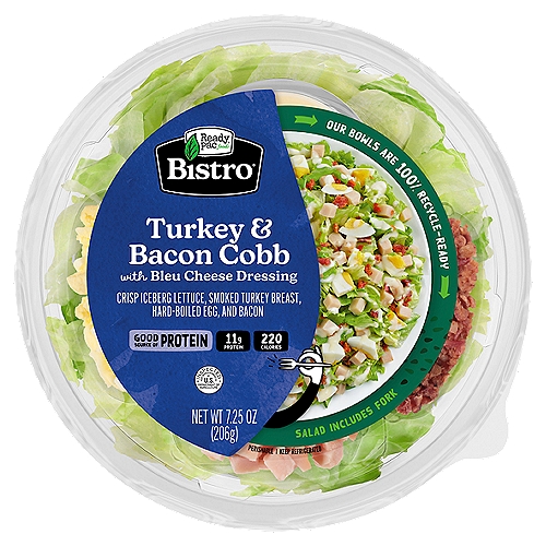 Ready Pac Foods Bistro Turkey & Bacon Cobb Classic Salad, 7.25 oz
Iceberg Lettuce and Romaine Lettuces, Turkey Breast, Hard-Boiled Egg, Bacon and a Bleu Cheese Dressing