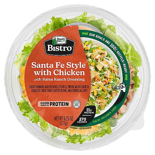 Ready Pac Foods Bistro Classic Santa Fe Style Salad, 6.25 oz
Bed of Romaine Lettuce, White Meat Chicken, Roasted Corn, Four-Cheese Blend, Tortilla Chips, and Salsa Ranch Dressing