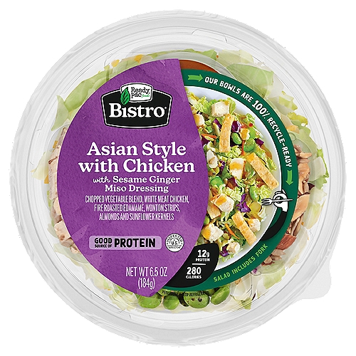 Ready Pac Foods Bistro Chopped Asian Style Salad, 6.5 oz
Chopped Napa Cabbage, Romaine, Red Cabbage, Celery, Carrots, White Meat Chicken, Edamame, Almonds & Sunflower Seeds, Wonton Strips, Asian Style Dressing