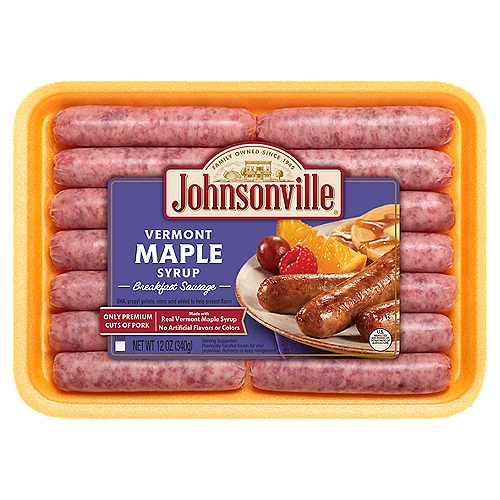 Johnsonville Vermont Maple Syrup Breakfast Sausage, 14 count, 12 oz
Johnsonville Vermont Maple Syrup Breakfast Sausage Links blend real Vermont maple syrup with premium cuts of pork for a subtle, sweet, and flavorful breakfast choice. Made with quality ingredients, these delicious breakfast sausage links never contain any artificial colors or flavors. Perfect for breakfasts before school or work, Vermont Maple Syrup Breakfast Links are easy and quick to make. Plus the whole family will love them!

Family-owned since 1945, Johnsonville began when Ralph F. and Alice Stayer opened a small butcher shop in Johnsonville, Wisconsin. Their philosophy was simple; take premium cuts of meat with quality spices to make great-tasting sausages. Today, Johnsonville is made with the same philosophy still in Johnsonville, Wisconsin.