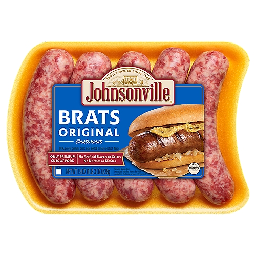 Johnsonville Brats Original Bratwurst, 19 oz
Upgrade your next barbecue, picnic, or family gathering with Johnsonville Original Brats! This original family recipe is made with only premium cuts of pork and seasoned with a unique blend of herbs and spices delivering a juicy, robust flavor. Our Original Brats have all the flavor you crave without any artificial colors or flavors, nitrates, or nitrites. Perfect for summer cookouts, Johnsonville Original Brats easy to grill and taste great in a variety of recipes as well!

Family-owned since 1945, Johnsonville began when Ralph F. and Alice Stayer opened a small butcher shop in Johnsonville, Wisconsin. Their philosophy was simple; take premium cuts of meat with quality spices to make great-tasting sausages. Today, Johnsonville is made with the same philosophy still in Johnsonville, Wisconsin.