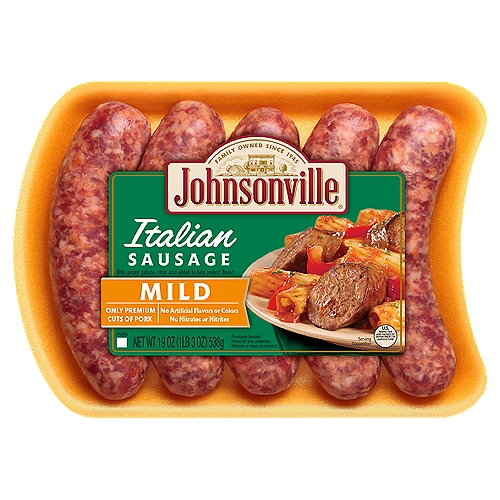 Johnsonville Mild Italian Sausage, 5 count, 19 oz
Enjoy authentic Italian flavor with Johnsonville Mild Italian Sausages! Made with only premium cuts of pork with natural casings and perfectly blended with fresh herbs and spices, our mild sausages never contain any artificial colors or flavors. Great for delicious Italian-inspired dinners, cookouts, and a variety of recipes, Johnsonville Mild Italian Sausages are easy to cook and sure to please the whole family.

Family-owned since 1945, Johnsonville began when Ralph F. and Alice Stayer opened a small butcher shop in Johnsonville, Wisconsin. Their philosophy was simple; take premium cuts of meat with quality spices to make great-tasting sausages. Today, Johnsonville is made with the same philosophy still in Johnsonville, Wisconsin.