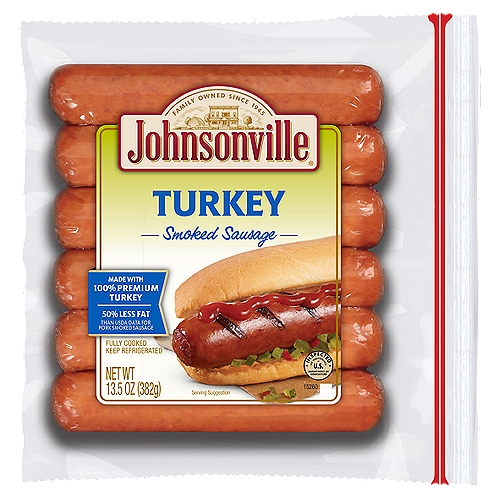 Johnsonville Turkey Smoked Sausage, 6 count, 13.5 oz
50% less fat than USDA data for pork smoked sausage
Fat has been lowered from 18g to 6g per serving.