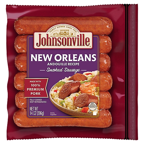 Johnsonville New Orleans Andouille Recipe Smoked Sausage, 6 count, 14 oz
''Add some Cajun flavor to your next meal with Johnsonville New Orleans Andouille Recipe Smoked Sausages! Seasoned with the taste of onions, garlic, and paprika, these smoked sausages are made with an Andouille recipe for an authentic New Orleans-style flavor. Enjoy them on their own, paired with bread or sliced up and added to gumbo, jambalaya, or a variety of recipes that the whole family will enjoy. Perfect for cookouts, gatherings, and family dinners, Johnsonville New Orleans Andouille Smoked Sausages are made with 100% premium pork and do not contain any artificial colors or flavors or fillers. With 9g of protein per serving and no trans fat, New Orleans Andouille Smoked Sausages are a hearty and flavorful choice with the bold flavor you crave!

Family-owned since 1945, Johnsonville began when Ralph F. and Alice Stayer opened a small butcher shop in Johnsonville, Wisconsin. Their philosophy was simple; take premium cuts of meat with quality spices to make great-tasting sausages. Today, Johnsonville is made with the same philosophy still in Johnsonville, Wisconsin.''