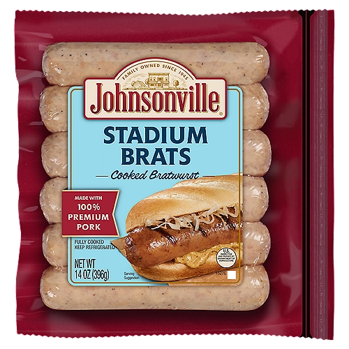 Johnsonville Stadium Brats Cooked Bratwurst, 6 count, 14 oz
Bring the flavor to your next tailgating party with Johnsonville Stadium Brats! Our bratwursts are made with 100% premium pork and a unique blend of spices for a juicy, delicious taste. Perfect for backyard barbecues, picnics, tailgating parties and camping trips, Johnsonville Stadium Brats are pre-cooked and easy to grill or heat up quickly on the stove or microwave. Our Stadium Brats are a gluten free option that pack 9g of protein per serving and contain no artificial colors or flavors, or fillers. Add big flavor to the big game with Johnsonville Stadium Brats!

Family-owned since 1945, Johnsonville began when Ralph F. and Alice Stayer opened a small butcher shop in Johnsonville, Wisconsin. Their philosophy was simple; take premium cuts of meat with quality spices to make great-tasting sausages. Today, Johnsonville is made with the same philosophy still in Johnsonville, Wisconsin.