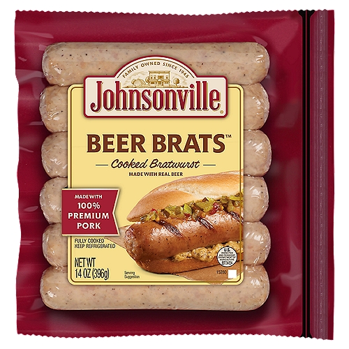 Johnsonville Beer Brats Cooked Bratwurst, 6 count, 14 oz
The original “Beer Brat'' that many try to imitate. Johnsonville Beer Brats are made with premium quality Wisconsin beer and only premium cuts of pork, delivering a juicy, robust flavor. Our Beer Brats have all the flavor you crave and no artificial colors or flavors, nitrates, or nitrites. Perfect for summer cookouts, Johnsonville Beer Brats easy to grill and taste great in a variety of recipes as well!

Family-owned since 1945, Johnsonville began when Ralph F. and Alice Stayer opened a small butcher shop in Johnsonville, Wisconsin. Their philosophy was simple; take premium cuts of meat with quality spices to make great-tasting sausages. Today, Johnsonville is made with the same philosophy still in Johnsonville, Wisconsin.