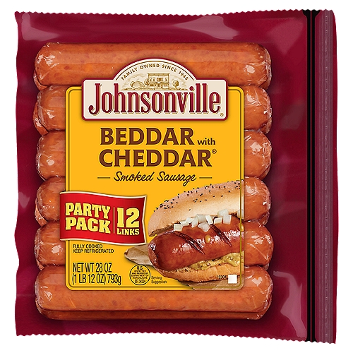 Johnsonville Beddar with Cheddar Smoked Sausage Party Pack, 12 count, 28 oz
Johnsonville Beddar with Cheddar Smoked Sausages Party Pack makes your big gathering even tastier! For a deliciously cheesy choice the whole family will love, be sure to pick these flavorful cheddar sausages for your next cookout or dinner! Johnsonville Beddar with Cheddar Smoked Sausages are made with 100% premium pork and chunks of real cheddar cheese for the bold flavor you crave without any artificial colors or flavors, or fillers. With 8g of protein per serving and no trans fat, Johnsonville Beddar with Cheddar Smoked Sausages are a delicious, hearty choice for any meal!

Family-owned since 1945, Johnsonville began when Ralph F. and Alice Stayer opened a small butcher shop in Johnsonville, Wisconsin. Their philosophy was simple; take premium cuts of meat with quality spices to make great-tasting sausages. Today, Johnsonville is made with the same philosophy still in Johnsonville, Wisconsin.
