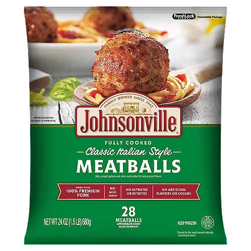 Johnsonville Classic Italian Style Meatballs, 28 count, 24 oz
Fresh-Lock zipper®

No MSG Added*
*Except for the small amount naturally occurring in yeast.