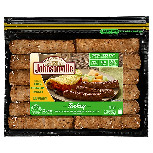 Pre-cooked
Start your day with flavor with Johnsonville Original Fully Cooked Turkey Breakfast Sausage Links! Made with 100% premium turkey and no fillers, these delicious sausage links have no artificial colors or flavors. Johnsonville Original Turkey Breakfast Sausage Links are pre-cooked and ready to be enjoyed after only microwaving for 30 seconds. For a super quick breakfast option the whole family will love before school or work, Johnsonville Original Turkey Breakfast Sausage Links pack the flavor you crave!

Family-owned since 1945, Johnsonville began when Ralph F. and Alice Stayer opened a small butcher shop in Johnsonville, Wisconsin. Their philosophy was simple; take premium cuts of meat with quality spices to make great-tasting sausages. Today, Johnsonville is made with the same philosophy: Big Taste from a Small Town.
