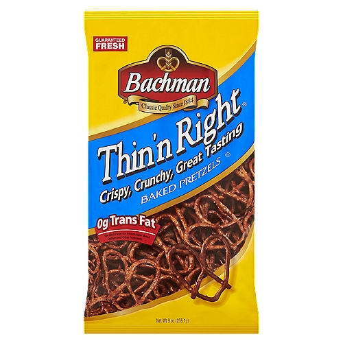 Bachman Thin'n Right Baked Pretzels, 9 oz
Enjoy the delicious satisfaction of Thin'n Right petzels as a snack or as a tasty accompaniment to drinks or other foods. Because they are baked, not fried, Bachman Thin'n Right Pretzels have only 1 gram of fat per serving.

Crispy and crunchy, they are a perfect anytime snack. We know you will love them!