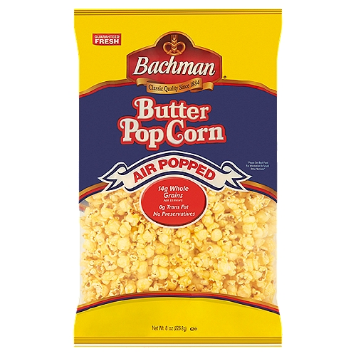 Bachman Air Popped Butter PopCorn, 8 oz
Nestled in the hills of Lancaster County, Pennsylvania, a lush expanse of cornfields blankets the nearby land. Drawing inspiration from our surroundings, we select only the sweetest whole grain kernels of corn for our delicious Air Popped Butter PopCorn.
Bachman Butter PopCorn is hot air popped for the light, crispy crunch and then coated with a classic, melt-in-your-mouth butter flavor and just the right amount of salt.
Settle in with your favorite movie or a good book, open a bag of Bachman Butter PopCorn, and enjoy.

Bachman Butter PopCorn...
• Has 14g of whole grains per serving.
• Is wheat free and gluten free.
• Has no artificial preservatives.

Did You Know?
• The USDA recommends consuming at least three servings (48 grams) of whole grains, like PopCorn, each day. Whole grains are rich in dietary fiber and antioxidants because they contain the entire kernel: the bran, germ, and endosperm.
• PopCorn contains carbohydrates, your body's #1 source of energy. Complex carbohydrates, like those found in whole grain foods, give you lasting energy and satisfy your hunger.