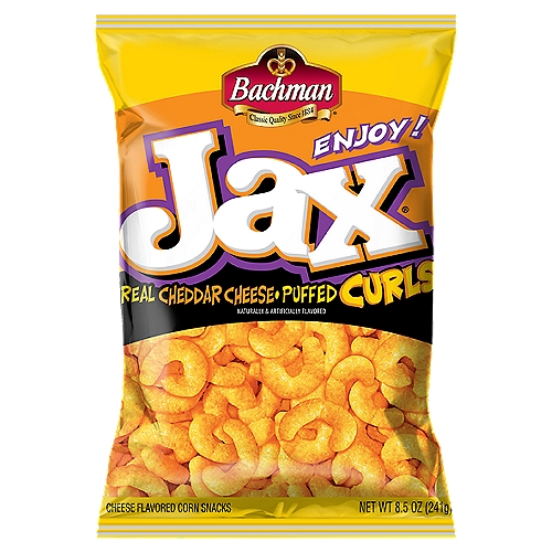 Bachman Jax Puffed Curls Cheese Flavored Corn Snacks, 8.5 oz
No two puffed curls in the Jax® family are exactly alike!
Each cheese curl is individually puffed and shaped, and then slow baked in our exclusive ovens - finally, it's coated with real cheddar cheese to give it that unique Jax® flavor and texture.
Some have more curl and some have more flair but all are equally delicious because they have that unique Bachman® Jax® flavor!
