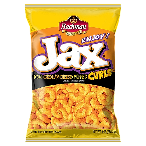 9 oz Bachman Jax Cheddar Cheese Puffed Curls
No two puffed curls in the Jax® family are exactly alike!
Each cheese curl is individually puffed and shaped, and then slow baked in our exclusive ovens - finally, it's coated with real cheddar cheese to give it that unique Jax® flavor and texture.
Some have more curl and some have more flair but all are equally delicious because they have that unique Bachman® Jax® flavor!