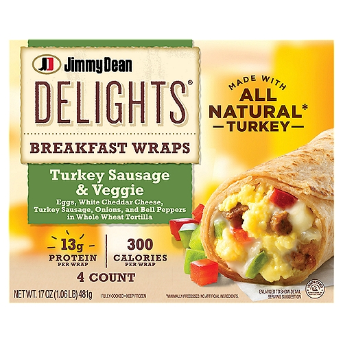 Jimmy Dean Delights Turkey Sausage & Veggie Breakfast Wraps, 4 count, 17 oz
Eggs, White Cheddar Cheese, Turkey Sausage, Onions, and Bell Peppers in Whole Wheat Tortilla

Made with All Natural* Turkey
*Minimally Processed. No Artificial Ingredients.