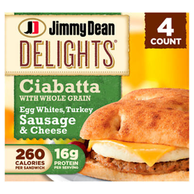 Jimmy Dean Delights Turkey Sausage, Egg White and Cheese Ciabatta Sandwiches, 4 ct Pack, 18.4 oz Box