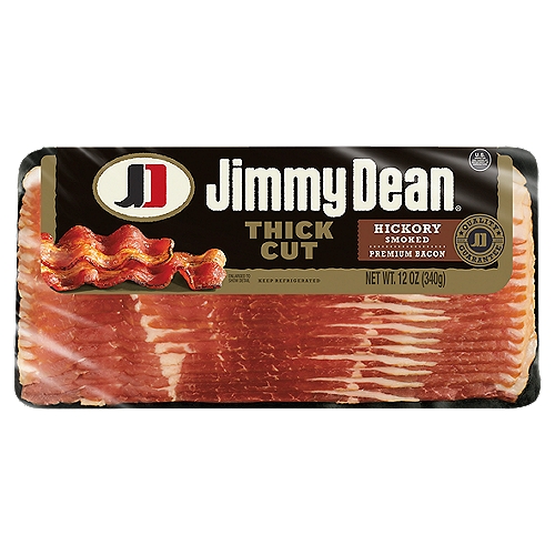 Jimmy Dean Thick Cut Hickory Smoked Premium Bacon, 12 oz
Wake up and give your taste buds a bite of that good morning feeling! Jimmy Dean Premium thick cut Bacon is the perfect way to enjoy a delicious breakfast with the family every morning. Crafted from high-quality ingredients and smoked to perfection, our bacon kick starts your and your family's mornings and helps fuel the day ahead. Create irresistible bacon strips that are crispy and sizzled golden brown. Ready in just minutes, simply place a generous amount of crispy bacon strips on a baking sheet and heat in the oven. Or quickly cook in the microwave or on the stovetop and serve with scrambled eggs to make a wholesome meal for the whole family to enjoy. Jimmy Dean Bacon is perfect for enjoying just by itself, or it's also great for pairing with any of your favorite breakfast foods: pancakes with maple syrup, oatmeal, a mini bagel, fruit, a muffin, a loaded sandwich, and more! Plus, our bacon can be used as an ingredient in a variety of tasty recipes. Try adding our Jimmy Dean Bacon t