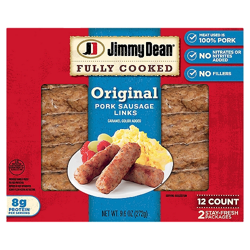 Jimmy Dean Fully Cooked Original Pork Breakfast Sausage Links, 12 count, 9.6 oz
Jimmy Dean Fully Cooked Original Pork Breakfast Sausage Links are made with premium pork and seasoned to perfection with our signature blend of spices. These savory breakfast sausage links have 8 grams of protein per serving. These sausage links are simple to prepare and ready in minutes. Serve these breakfast sausages with eggs and toast for a traditional breakfast or with biscuits and gravy for brunch.