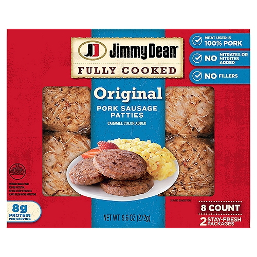 Jimmy Dean Fully Cooked Original Pork Sausage Patties, 8 count, 9.6 oz
Celebrate the day and the delicious taste of Jimmy Dean Fully Cooked Original Pork Breakfast Sausage Patties. Made with premium pork, seasoned to perfection with our signature blend of spices, these savory Jimmy Dean sausage patties have 8 grams of protein per serving to give you more fuel to help power your day. Simple to prepare and ready in minutes, just microwave and serve.