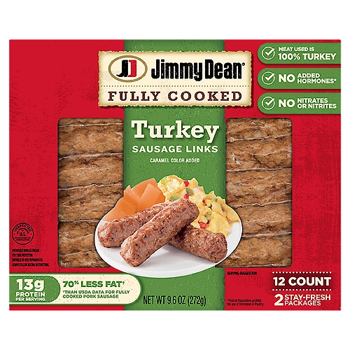 No Added Hormones*
*Federal regulations prohibit the use of hormones in poultry.

70% Less Fat†
†Than USDA Data for Fully Cooked Pork Sausage

Breakfast Made Easy!
Ready in as Little as 40 Seconds, Jimmy Dean® Fully Cooked Turkey Sausage gives you a warm, savory breakfast without the hassle. Made with premium Turkey and Jimmy Dean signature seasoning for the taste you love with 70% less fat.**
**Fat content has been reduced from 28g per serving to 8g per serving.

Jimmy Dean Fully Cooked Breakfast Turkey Sausage Links are made with premium turkey and seasoned to perfection with our signature blend of spices. These savory cooked sausage links have 13 grams of protein per serving. Simple to prepare and ready in minutes, just microwave and serve Jimmy Dean sausage with eggs and toast for a traditional breakfast or with pancakes and maple syrup for brunch.