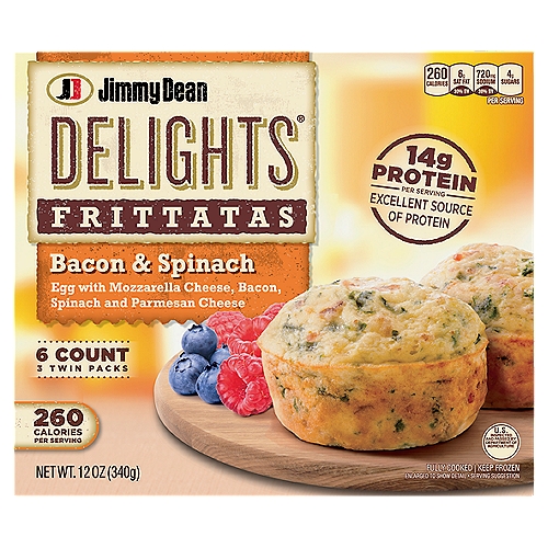 Jimmy Dean Delights Bacon & Spinach Frittatas, 6 count, 12 oz
Jimmy Dean Delights Bacon and Spinach Frittatas is a real breakfast, real fast. This flavorful breakfast is packed with bacon, spinach and cheese in a fluffy egg muffin. These breakfast frittatas have 14 grams of protein per serving. Today, Jimmy Dean brand brings you many ways to add some sunshine to your morning. Today is your day to shine on.