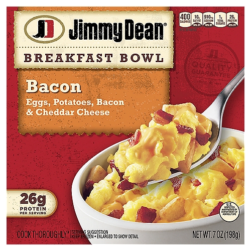 Jimmy Dean Breakfast Bowl Bacon Frozen
Filled with crispy bacon, eggs, potatoes and cheddar cheese, Jimmy Dean Bacon, Egg & Cheese Breakfast Bowls include 26 grams of protein per serving. Each bacon breakfast bowl is an excellent source of proetin for your morning option. Simple to prepare and ready in minutes, this microwavable breakfast is made with the Jimmy Dean brand quality you know and trust. This package includes one 7 oz frozen breakfast bowl.