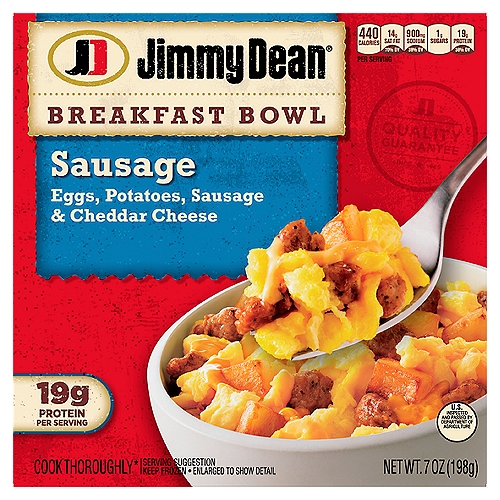 Jimmy Dean Sausage Breakfast Bowl, 7 oz
Filled with sausage crumbles, eggs, potatoes, and cheddar cheese, Jimmy Dean Sausage, Egg & Cheese Breakfast Bowls are sure to be the best part of your morning. Each microwavable bowl has 19 grams of protein per serving. Simple to prepare as a microwavable breakfast and ready in minutes, our frozen breakfast bowl is made with premium ingredients and the Jimmy Dean brand quality you know and trust.