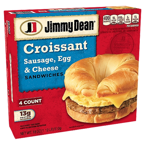 Jimmy Dean Sausage, Egg & Cheese Croissant Breakfast Sandwiches, 4 count, 18 oz
Rise and shine for a warm croissant meal. Savory pork sausage, eggs and cheese come together in a buttery croissant sandwich for a perfect start to your day. With 13 grams of protein per serving, Jimmy Dean Sausage, Egg & Cheese Croissant Breakfast Sandwiches give you fuel to help get you through your morning. Simply microwave each frozen croissant breakfast sandwich. Serve at home or eat on the go.