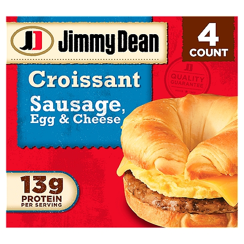 Rise and shine for a warm croissant meal. Savory pork sausage, eggs and cheese come together in a buttery croissant sandwich for a perfect start to your day. With 13 grams of protein per serving, Jimmy Dean Sausage, Egg & Cheese Croissant Breakfast Sandwiches give you fuel to help get you through your morning. Simply microwave each frozen croissant breakfast sandwich. Serve at home or eat on the go.
