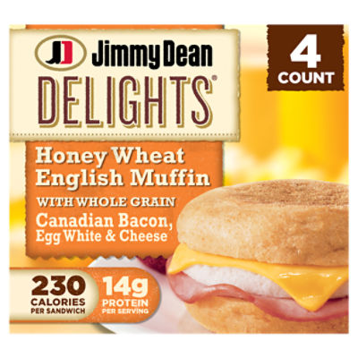 Jimmy Dean Delights Honey Wheat English Muffin Breakfast Sandwiches with Canadian Bacon, Egg White, and Cheese, Frozen, 4 Count