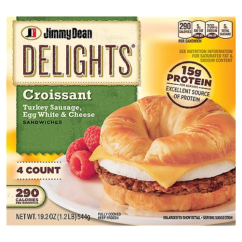 Jimmy Dean Delights Croissant Sandwiches, 4 count, 19.2 oz
Jimmy Dean Delights Turkey Sausage, Egg White & Cheese Croissant Sandwiches help give more power to your mornings. This Jimmy Dean breakfast sandwich features turkey sausage, egg whites, cheese and a flaky croissant. With 15 grams of protein per serving, this breakfast croissant will jump start your morning. Prepare this frozen breakfast sandwich in the microwave. Keep frozen to preserve freshness.