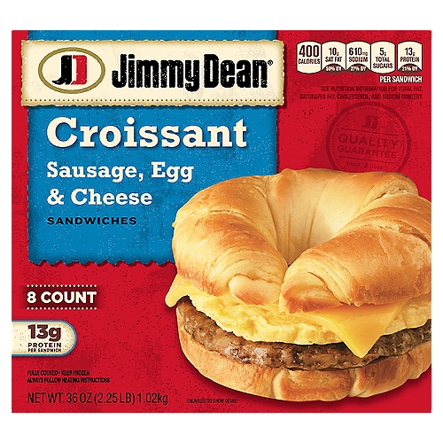 Jimmy Dean Sausage, Egg & Cheese Croissant Sandwiches, 8 count, 36 oz
Rise and shine for a warm croissant meal. Savory pork sausage, eggs and cheese come together in a buttery croissant sandwich for a perfect start to your day. With 13 grams of protein per serving, Jimmy Dean Sausage, Egg & Cheese Croissant Breakfast Sandwiches give you fuel to help get you through your morning. Simply microwave each frozen croissant breakfast sandwich. Serve at home or eat on the go.