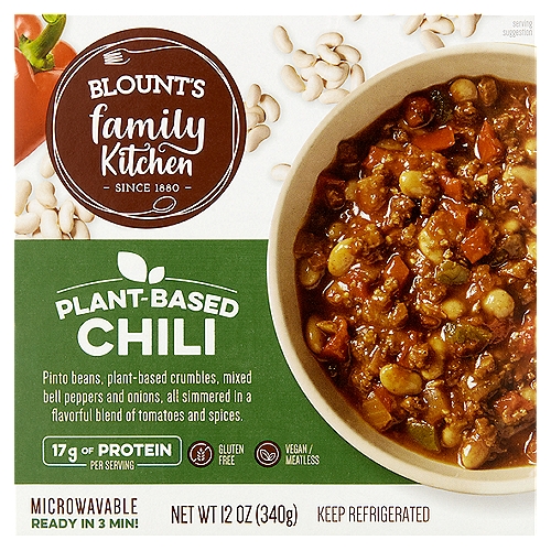 Blount's Family Kitchen Plant-Based Chili, 12 oz
Pinto Beans, Plant-Based Crumbles, Mixed Bell Peppers and Onions, All Simmered in a Flavorful Blend of Tomatoes and Spices.
