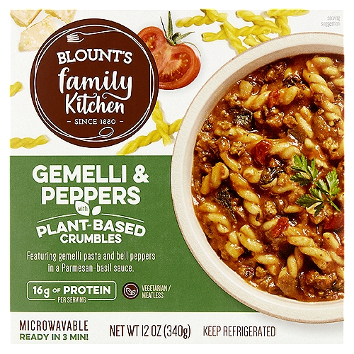 Blount's Family Kitchen Gemelli & Peppers with Plant-Based Crumbles, 12 oz
Featuring Gemelli Pasta and Bell Peppers in a Parmesan-Basil Sauce.