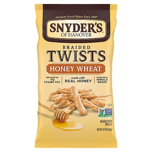 Snyder's of Hanover Pretzels, Braided Pretzel Twists Honey Wheat, 12 Oz
Honey Wheat Braided Twists combine whole wheat flour with real honey for a delicately sweet taste experience in an attractive, easy-to-eat shape. Savor the hearty flavor and delicious crunch of Snyder's of Hanover pretzels. Snyder's of Hanover has been America's Pretzel Bakery since 1909 and our pretzels give you that delicious crunch for the perfect snack! Non-GMO project verified and made in a facility that does not process peanuts, Snyder's of Hanover pretzels are made from wholesome ingredients, kneaded, and oven-baked to seal in all the flavor. Snyder's of Hanover pretzels have been shared across tables, across generations and across the country, making us America's favorite pretzel brand.