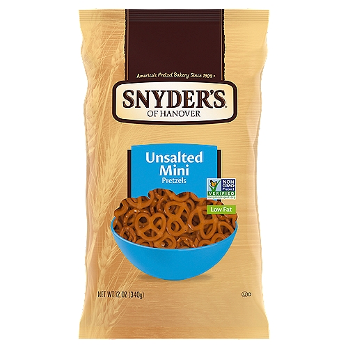 Snyder's of Hanover Unsalted Mini Pretzels, 12 oz
Snyder's of Hanover Unsalted Mini Pretzels offer the delicious flavor of traditional pretzels with less sodium. This crunchy, bite-size snack is fat free and made in a nut-free facility, so it's perfect for school, sports, or on the go. Feed your cravings with Snyder's pretzel snacks. Go ahead, make some noise!