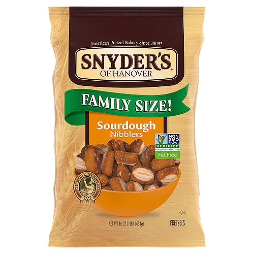 Snyder's of Hanover Sourdough Nibblers Pretzels Family Size!, 16 oz
America's favorite sourdough pretzels

They're poppable!
They're crunchy!
They're flavorful!
Just what you expect from a Snyder's of Hanover® Sourdough Nibblers Pretzel. Perfect on their own or with cheese or hummus for a tasty snack - so many ways to enjoy!