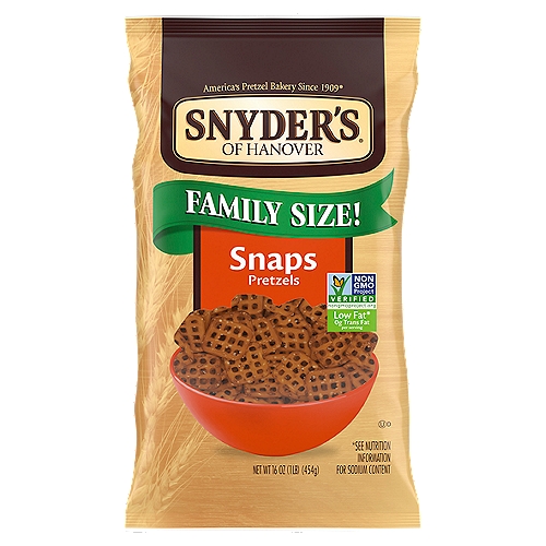 Snyder's of Hanover Snaps Pretzels Family Size, 16 oz
Snyder's of Hanover Snaps Pretzels deliver the rich, hearty flavor of traditional pretzels in a crunchy, checkerboard shape. They're perfect for snacking, stacking, sandwiching and scooping. You'll love this delightfully versatile snack with only 1 gram of fat per serving. Plus, they're made in a facility that does not process peanuts so they're the perfect school snack. Snyder's of Hanover has been America's Pretzel Bakery since 1909 and our pretzels give you that delicious crunch for the perfect anytime snack! Snyder's of Hanover pretzels are kneaded and oven-baked to seal in all the flavor. Snyder's of Hanover pretzels have been shared across tables, across generations and across the country, making us America's favorite pretzel brand. This 16-ounce Family Size Bag of Snyder's Snaps Pretzels has plenty for sharing with friends and family. Feed all your cravings with Snyder's pretzel snacks.