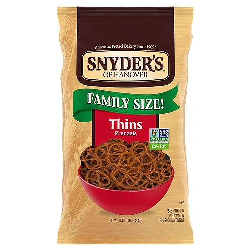 Snyder's of Hanover Thins Pretzels Family Size!, 16 oz
They're thin!
They're crunchy!
They're flavorful!
Just what you expect from a Snyder's of Hanover® Thins Pretzel. Perfect on their own or with cheese or hummus for a tasty snack - so many ways to enjoy!
