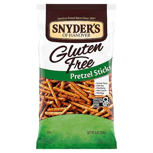 Snyder's of Hanover Gluten Free Pretzel Sticks, 8 oz
Snack confidently with a bag of Gluten-Free Pretzel Sticks from Snyder's of Hanover. Snyder's of Hanover is proud to offer gluten-free snacks to the millions of people living with celiac disease or following a gluten-free lifestyle. Our low-fat gluten-free pretzel sticks are a delicious alternative to wheat-based pretzels and offer all the satisfying flavor and crunch you would expect from America's pretzel bakery.  Pair these gluten free pretzels with hummus, cheese, or your favorite dip for an easy and delicious gluten free snack. Snyder's of Hanover is a proud partner of the Celiac Disease Foundation.