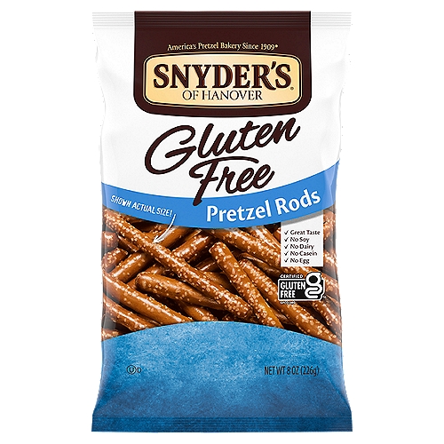 Snyder's of Hanover Gluten Free Pretzel Rods, 8 oz
These Gluten Free Pretzel Rods taste great with cheese or dipped in hummus- or enjoy them on their own! In our commitment to offer a wide range of product to our customers, Snyder's of Hanover is proud to offer Gluten-Free snacks to the millions of people living with celiac disease or following a Gluten-Free lifestyle. Made with the finest premium ingredients, our Gluten-Free products combine plenty of great taste and variety with no gluten, dairy, egg or milk. Snyder's of Hanover pretzels are made from wholesome ingredients, kneaded, and oven-baked to seal in all the flavor. Snyder's of Hanover pretzels have been shared across tables, across generations and across the country, making us America's favorite pretzel brand.