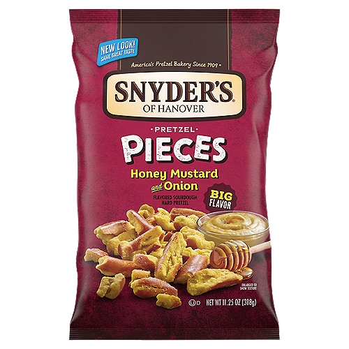 Snyder's of Hanover Pretzel Pieces, Honey Mustard and Onion, 11.25 Oz
Snyder's of Hanover Honey Mustard and Onion Pretzel Pieces are bursting with big flavor! Enjoy crunchy sourdough pretzels generously seasoned with tangy mustard, mild onion flavor, and the sweetness of honey. You'll love the crunch, hearty satisfaction and bold flavor found in every bite of these Snyder's Pretzel Pieces.

Flavored Sourdough Hard Pretzel